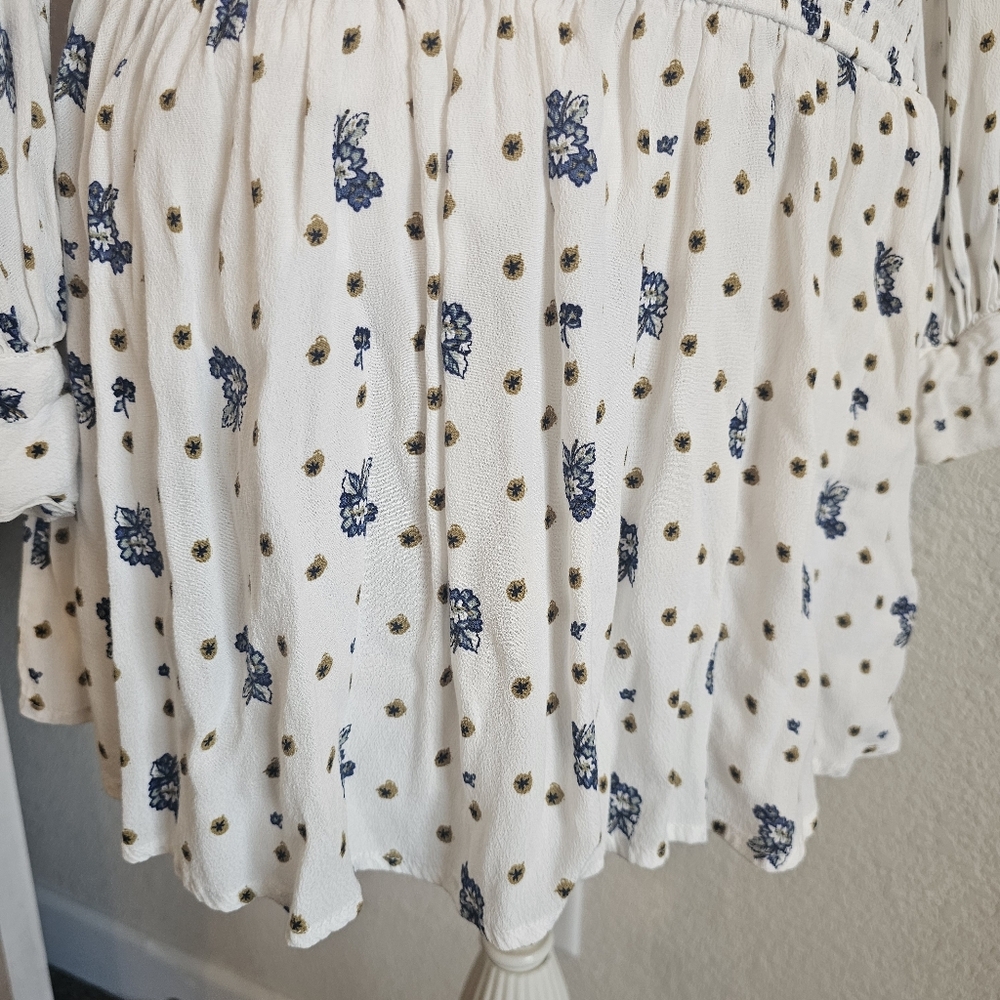 FREE PEOPLE Two Faces Long Sleeve Ruched Short BoHo Floral Dress White/blue. XS - Picture 6 of 16